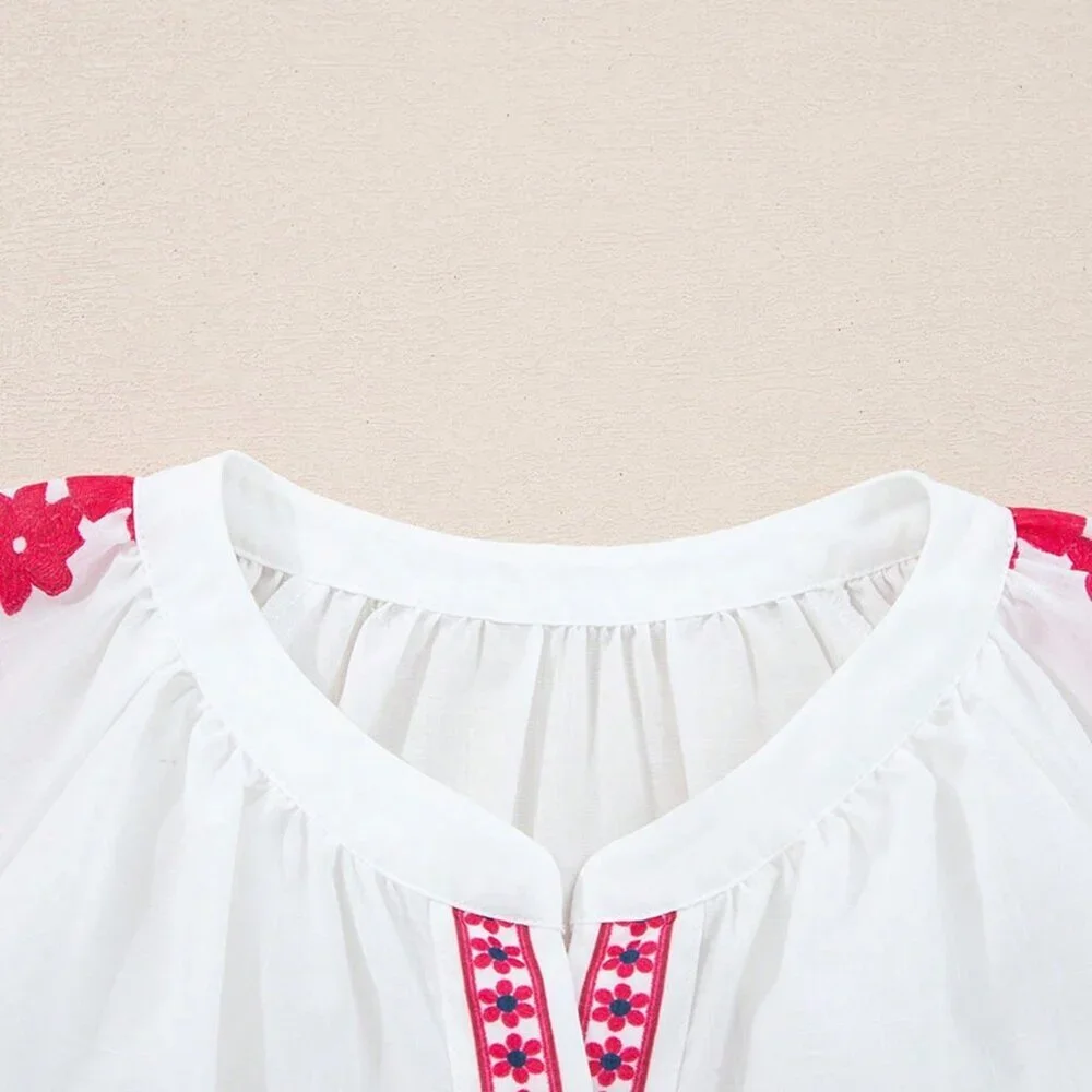 White Casual Women's Floral Embroidery Puff Sleeve Button-Up Shirt
